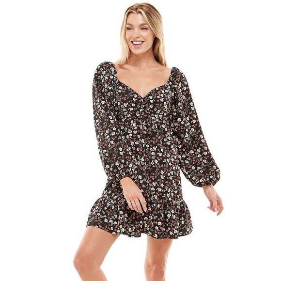 Lily Rose Dresses & Skirts - Lily Rose Women’s Black Floral Long Sleeve Cinch Front Baby Doll Dress Size XS